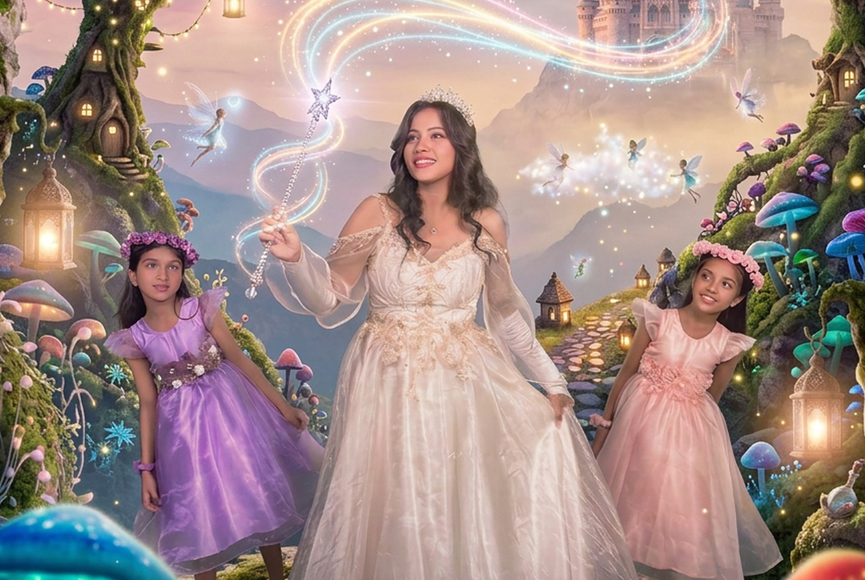 The final VFX-composited frame from the green-screen fantasy shoot
