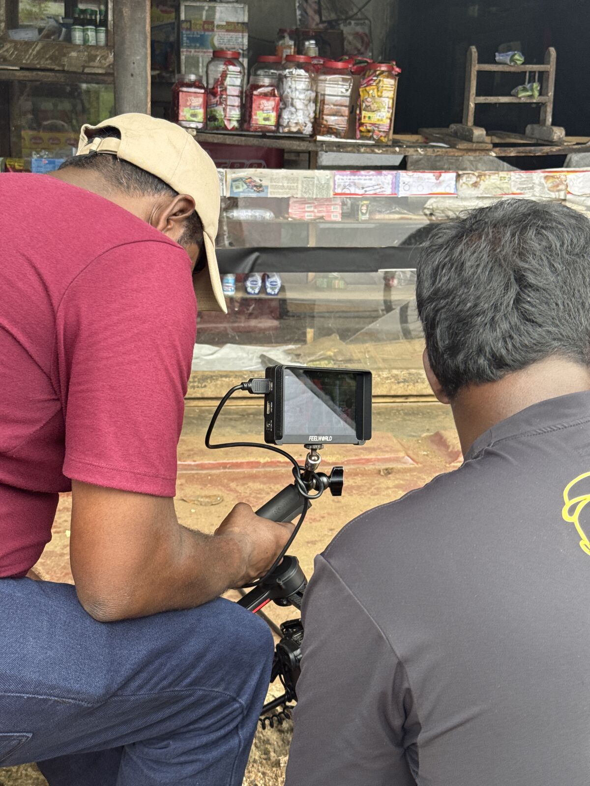 Production crew setting up a scene on location